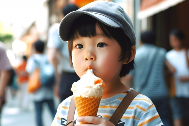 屋外でアイスクリームを食べる女の子